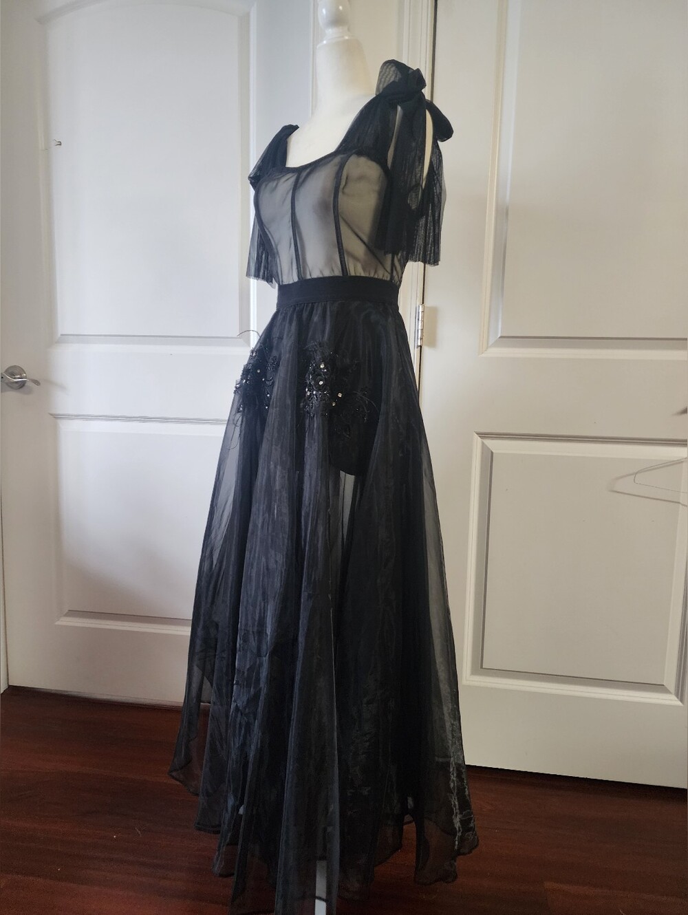 Sheer Black Tulle Evening Dress with Bow Shoulder Detail